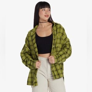 Olive Green Plaid Button-Up Shirt Jacket - Women